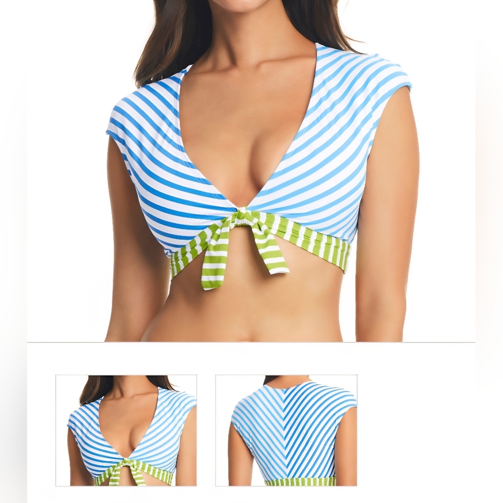 Smooth Operator Tie Front Cap Sleeve Bikini Crop Top in Stripe, Size 6